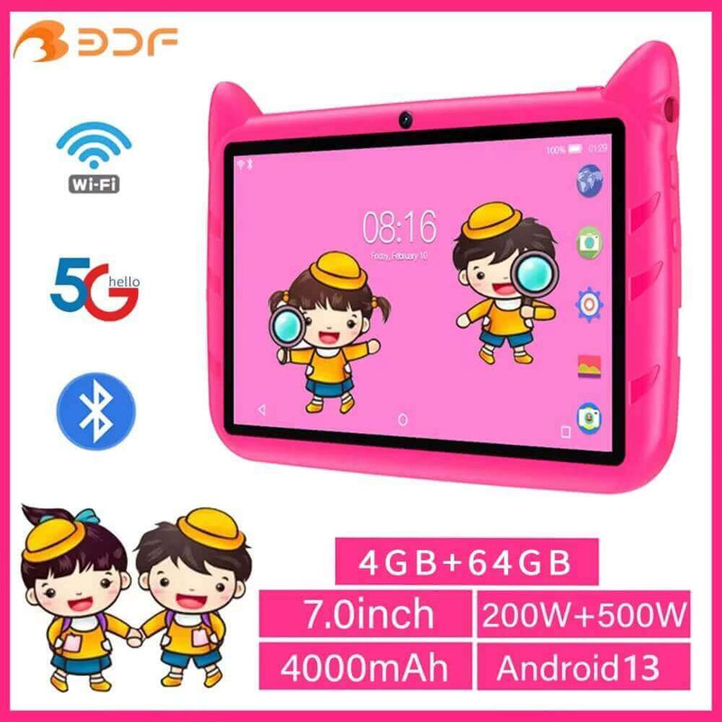 BDF - Tablet Infantil com Câmera Dupla, Android 13, 4GB RAM, 64GB ROM, Expansão de 1TB, 5G WiFi, Bateria 4000mAh - 1ClickComprou